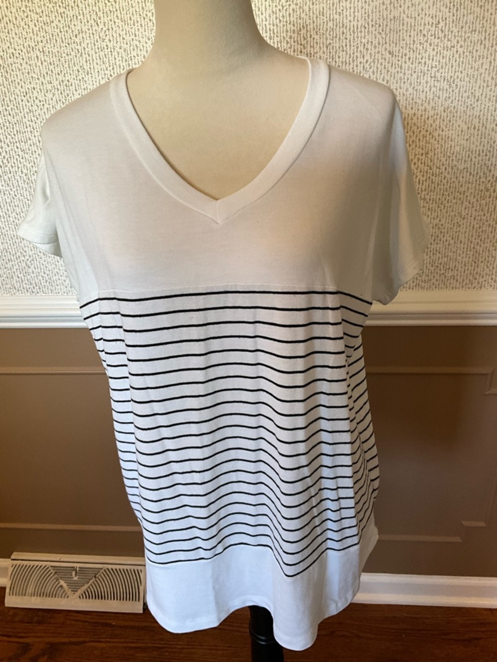Pink Clover White V-Neck Tee with Black Stripes